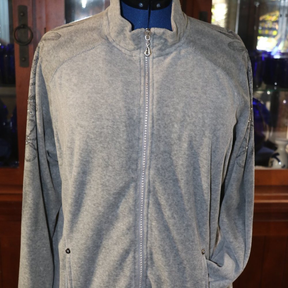 Women's Gray Velvet-Like Rhinestone Embellished Zippered Jacket- 1X